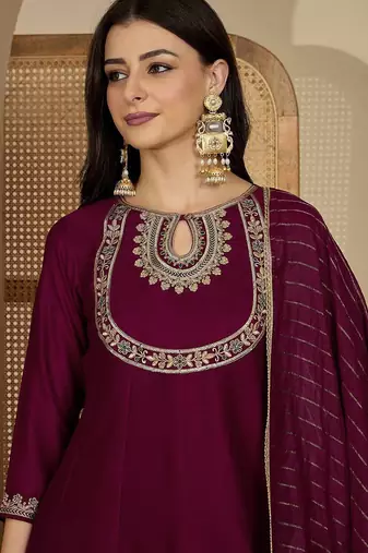floral yoke design thread work panelled anarkali kurta with patiala & dupatta