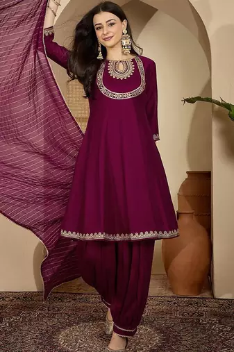 floral yoke design thread work panelled anarkali kurta with patiala & dupatta