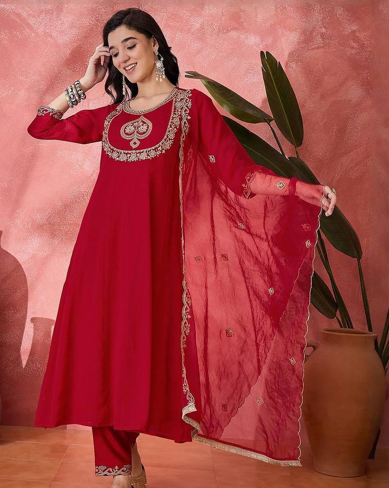 women floral embroidered pleated sequinned kurta trousers and dupatta