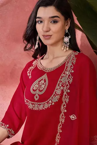 women floral embroidered pleated sequinned kurta trousers and dupatta