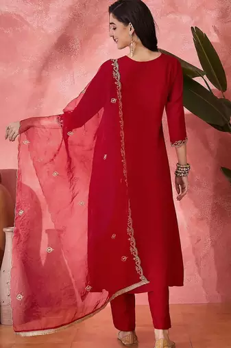 women floral embroidered pleated sequinned kurta trousers and dupatta