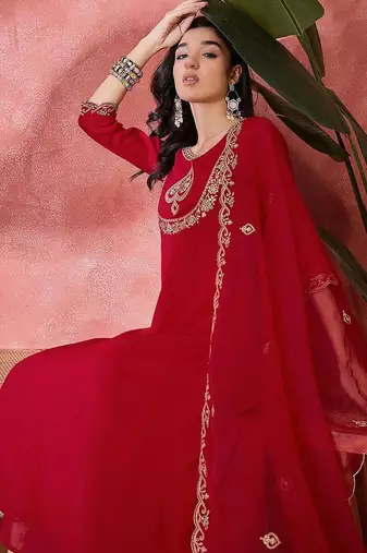 women floral embroidered pleated sequinned kurta trousers and dupatta