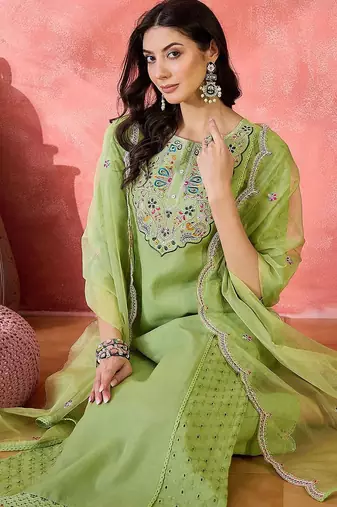 women ethnic embroidered straight kurta & trousers with dupatta