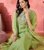 women ethnic embroidered straight kurta & trousers with dupatta