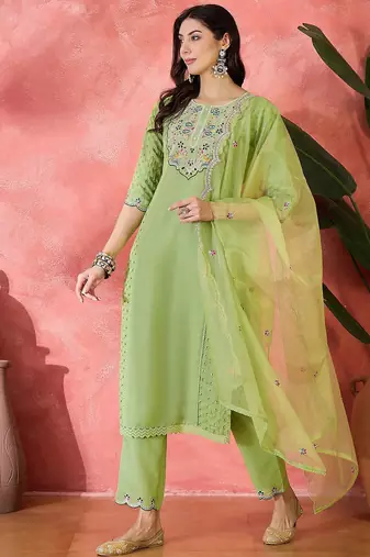 women ethnic embroidered straight kurta & trousers with dupatta