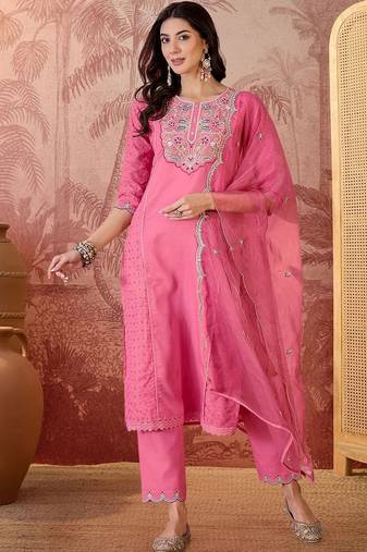 embroidered  round neck kurta & trousers kurta sets