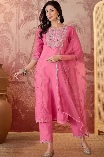 embroidered  round neck kurta & trousers kurta sets