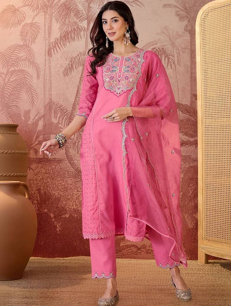 embroidered  round neck kurta & trousers kurta sets