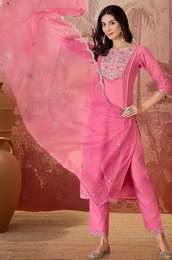 embroidered  round neck kurta & trousers kurta sets
