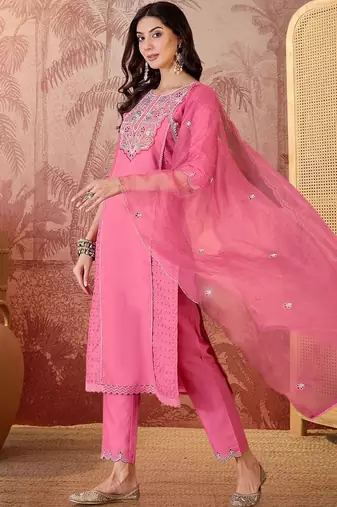 embroidered  round neck kurta & trousers kurta sets
