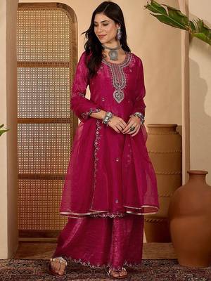 women floral embroidered kurta with palazzos & dupatta 1