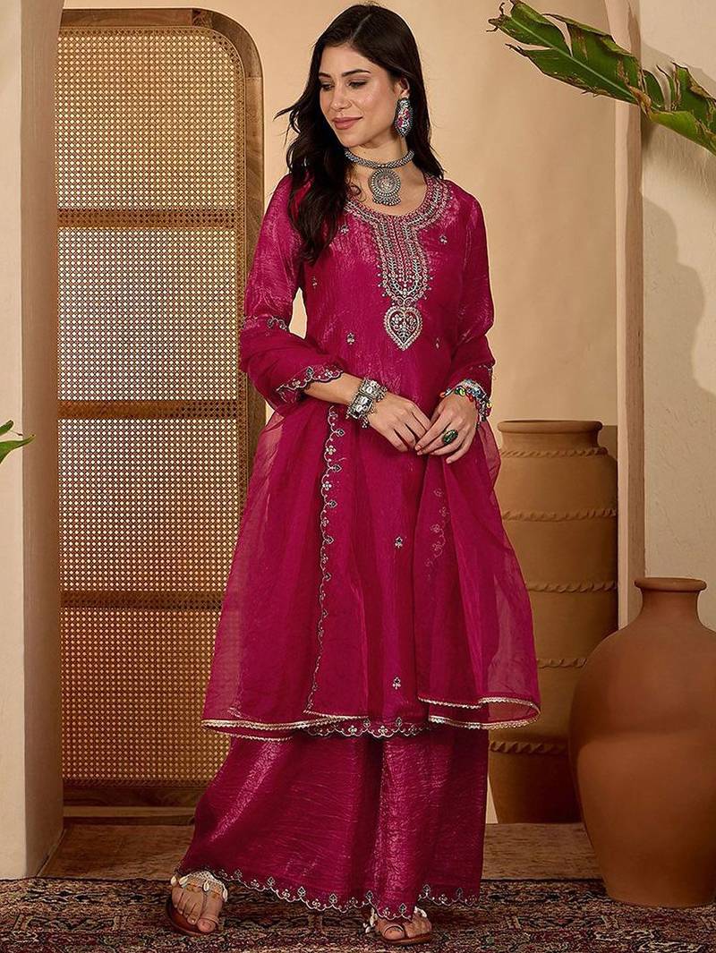 women floral embroidered kurta with palazzos & dupatta
