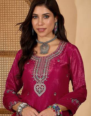 women floral embroidered kurta with palazzos & dupatta 2