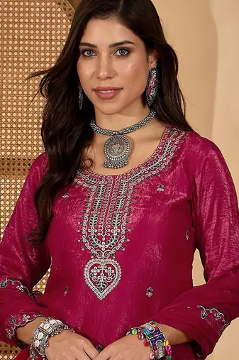 women floral embroidered kurta with palazzos & dupatta