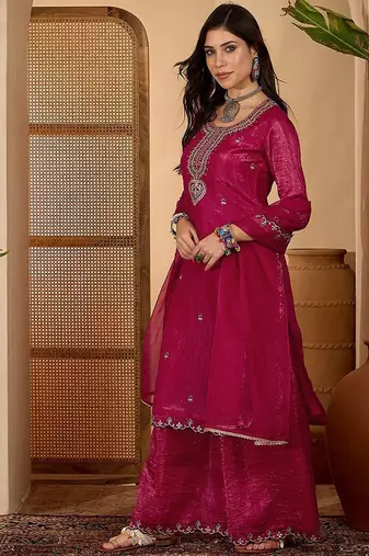 women floral embroidered kurta with palazzos & dupatta