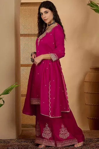 women embroidered round neck straight kurta & palazzos with dupatta