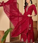 women floral embroidered regular sequinned kurta with palazzos & with dupatta