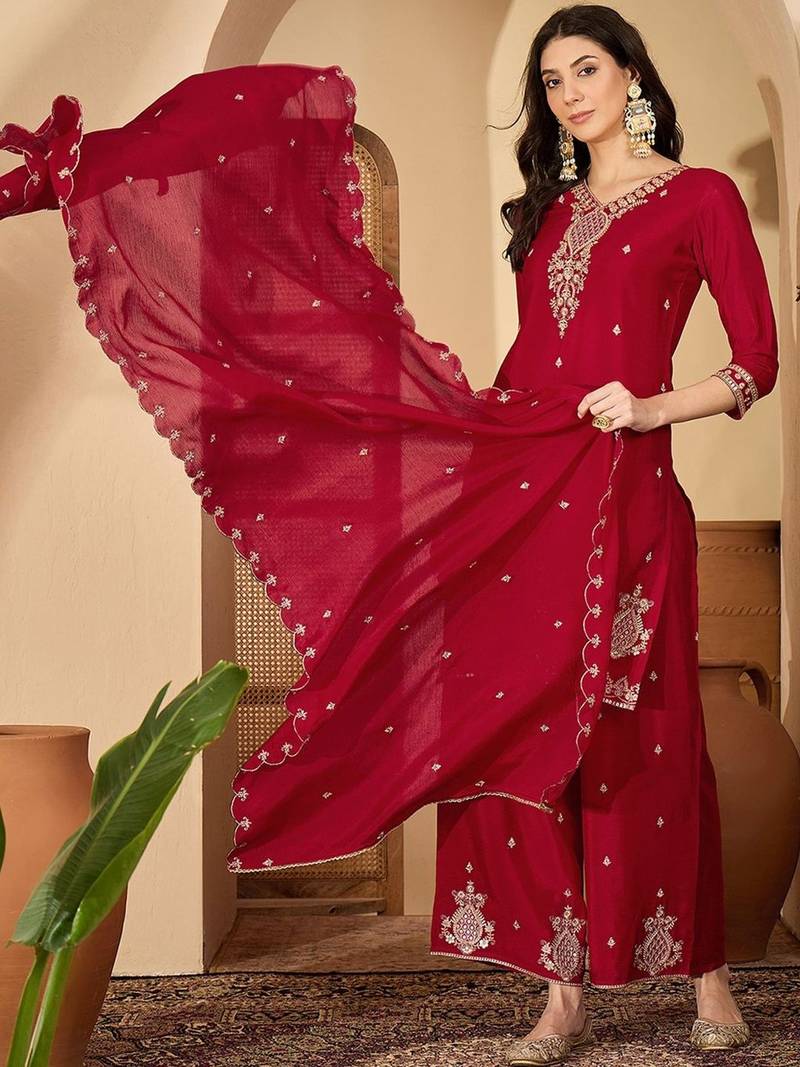 women floral embroidered regular sequinned kurta with palazzos & with dupatta