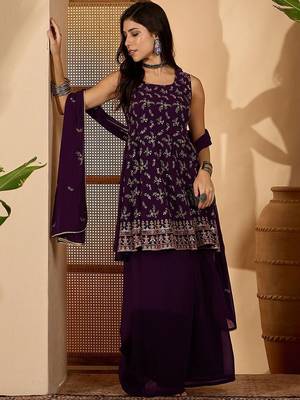 floral embroidered square neck sequinned kurta & palazzo with dupatta 1
