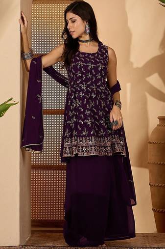 floral embroidered square neck sequinned kurta & palazzo with dupatta