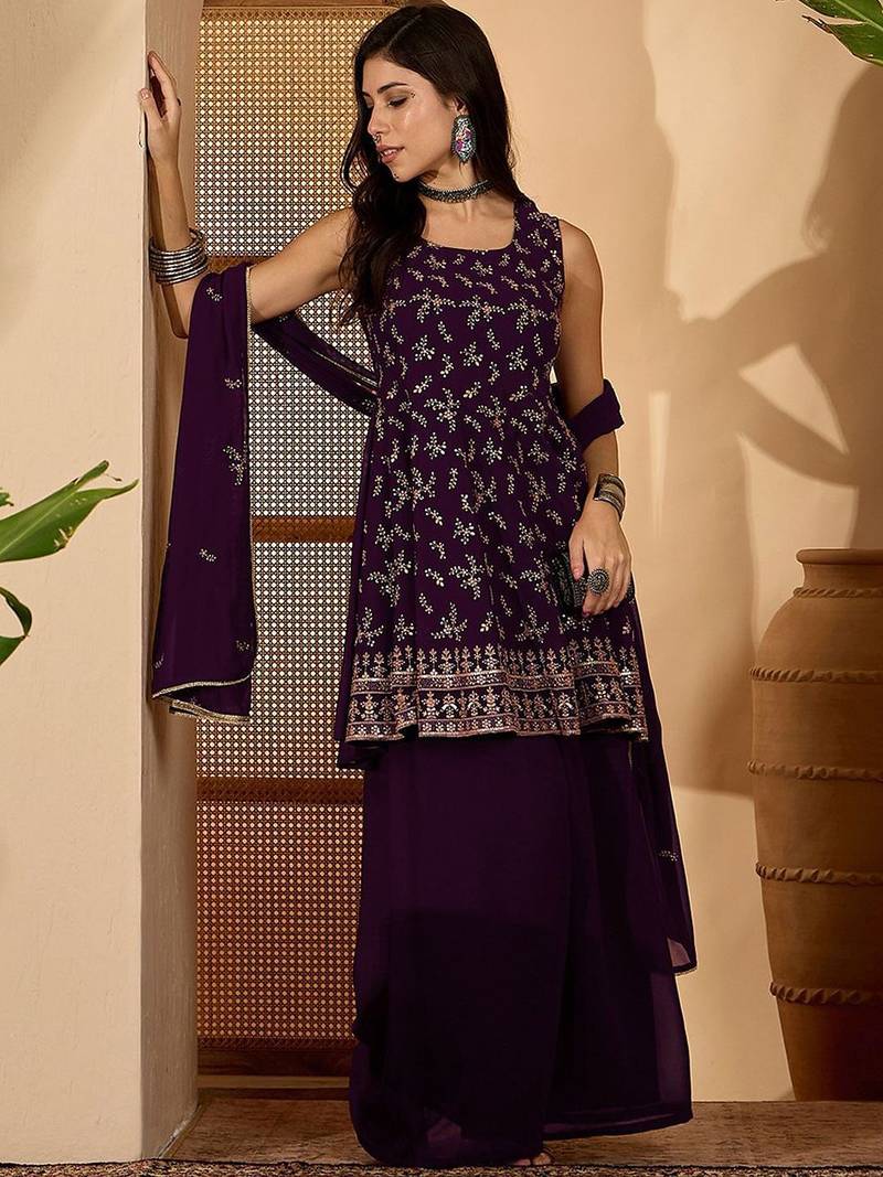 floral embroidered square neck sequinned kurta & palazzo with dupatta