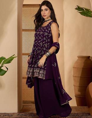 floral embroidered square neck sequinned kurta & palazzo with dupatta 5