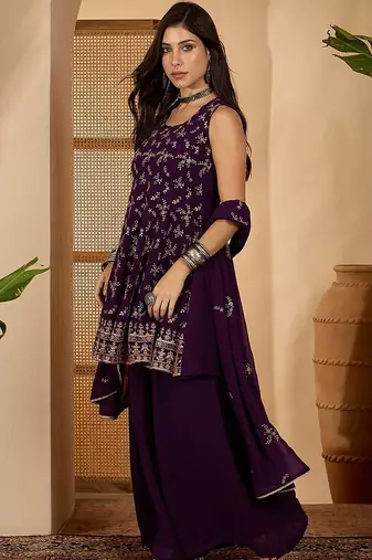 floral embroidered square neck sequinned kurta & palazzo with dupatta