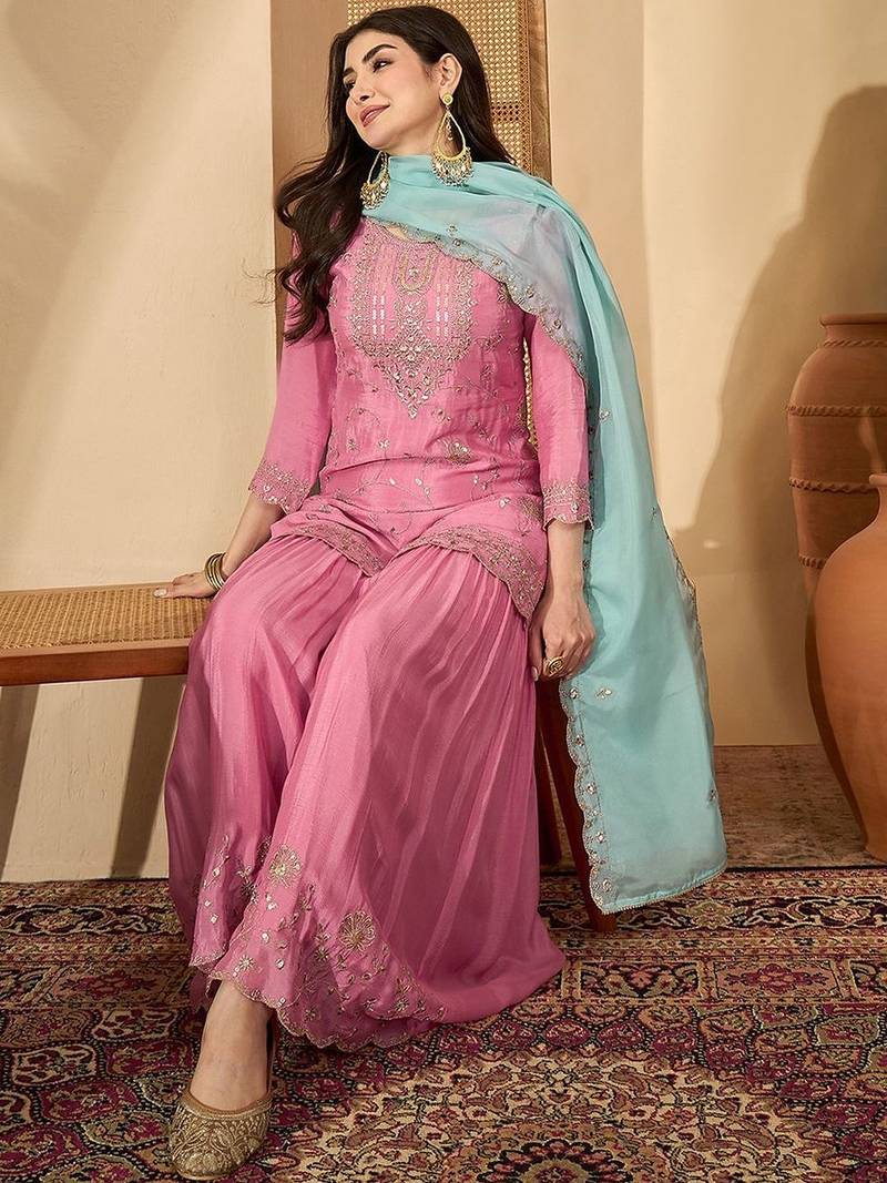 women ethnic motifs embroidered regular sequinned kurta with sharara & with dupatta