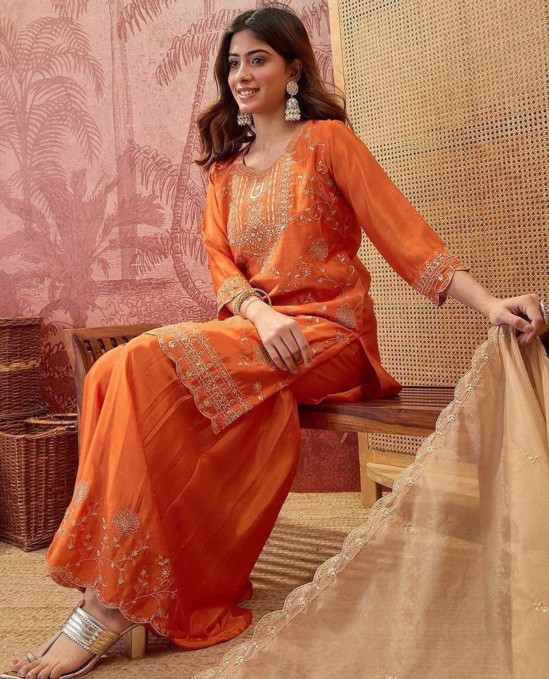 embroidered round neck kurta & sharara with dupatta