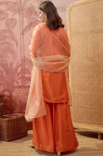 embroidered round neck kurta & sharara with dupatta