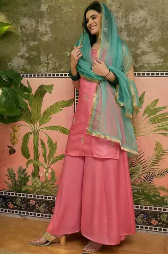 sequinned embroidered square neck kurta & palazzos with dupatta