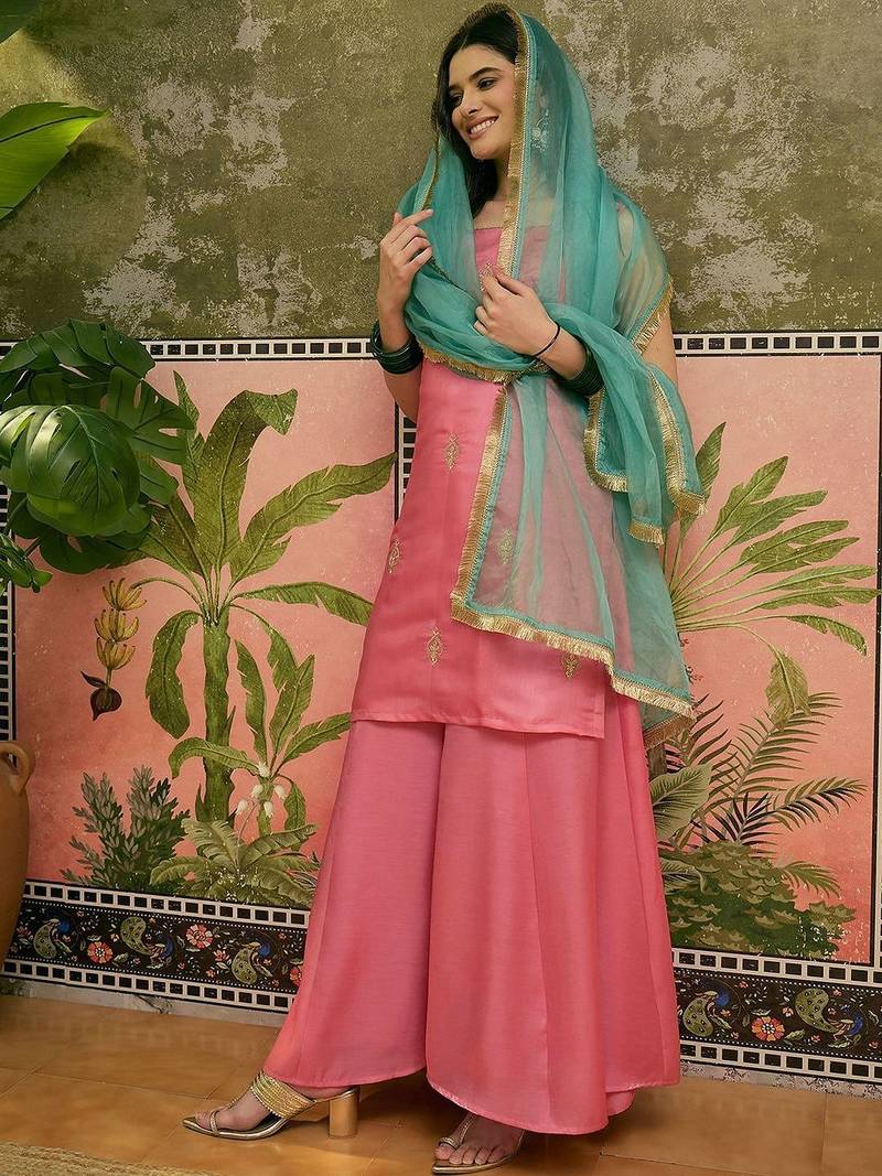 sequinned embroidered square neck kurta & palazzos with dupatta