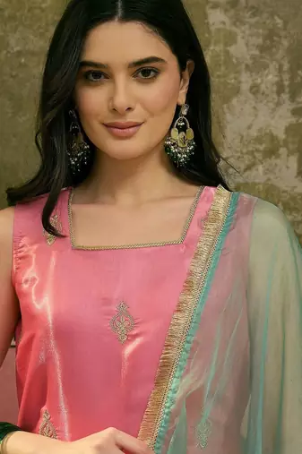 sequinned embroidered square neck kurta & palazzos with dupatta