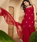 women silk blend embroidered kurta sets with dupatta