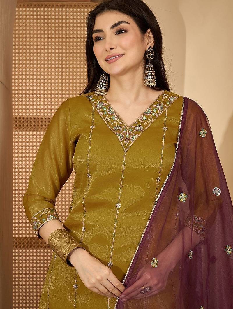 embroidered  v-neck kurta & trousers kurta sets