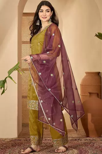 embroidered  v-neck kurta & trousers kurta sets