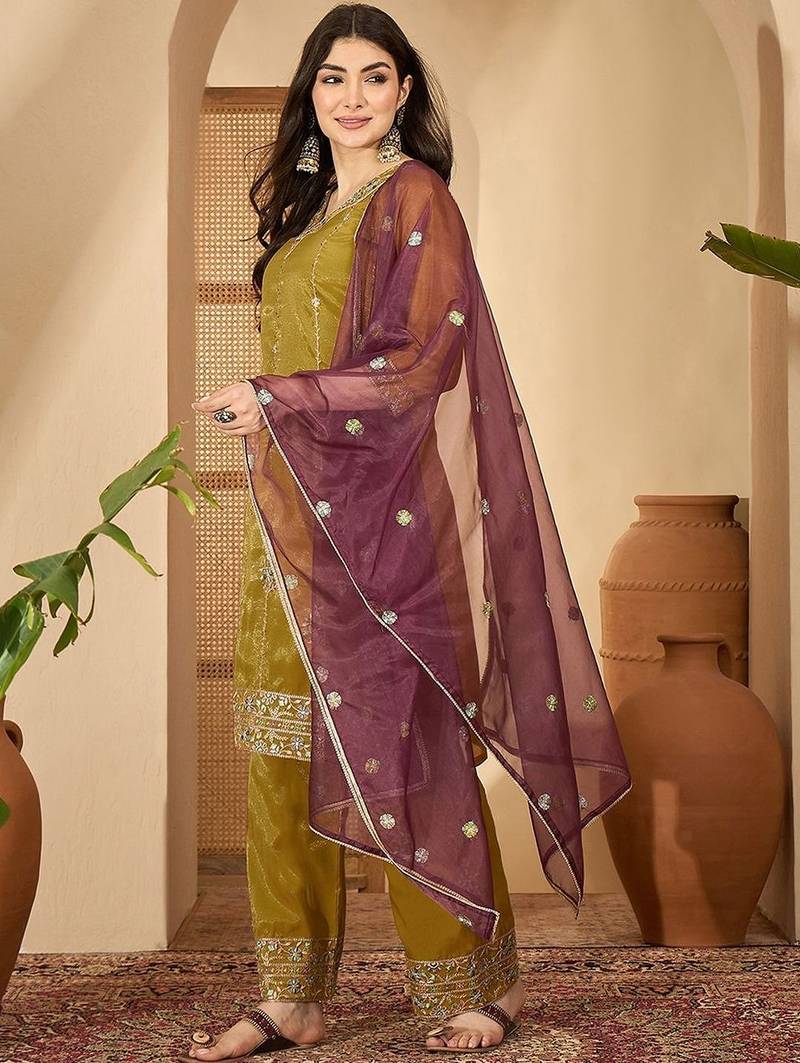 embroidered  v-neck kurta & trousers kurta sets