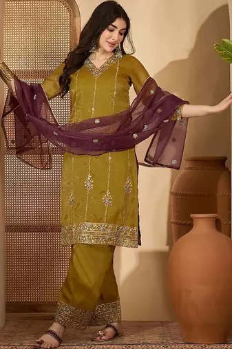 embroidered v-neck kurta & trousers with dupatta