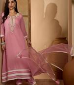 Yoke design poly crepe v-neck kurta & trousers with dupatta