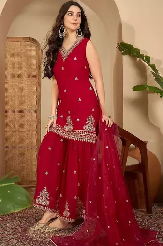 floral embroidered thread work straight kurta with sharara & dupatta