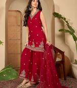floral embroidered thread work straight kurta with sharara & dupatta