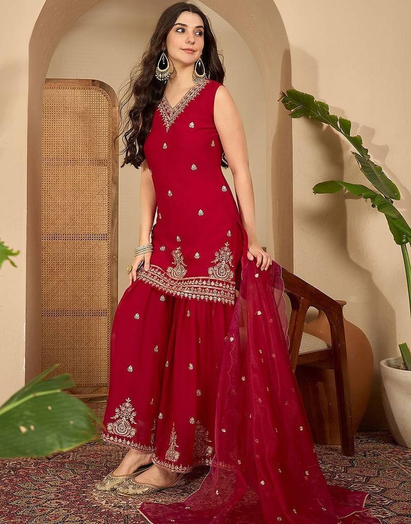 floral embroidered thread work straight kurta with sharara & dupatta