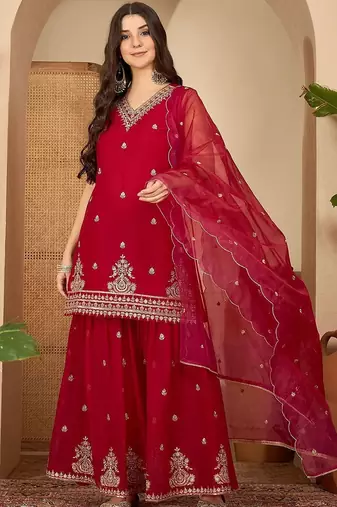 floral embroidered thread work straight kurta with sharara & dupatta