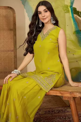 ethnic motifs embroidered zari kurta with sharara & dupatta