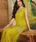 ethnic motifs embroidered zari kurta with sharara & dupatta