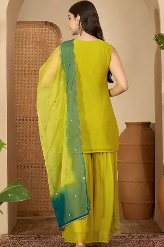 ethnic motifs embroidered zari kurta with sharara & dupatta