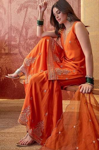 embroidered v-neck kurta & sharara kurta set