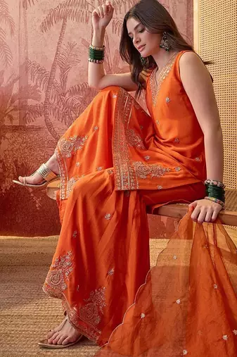 embroidered v-neck kurta & sharara kurta set