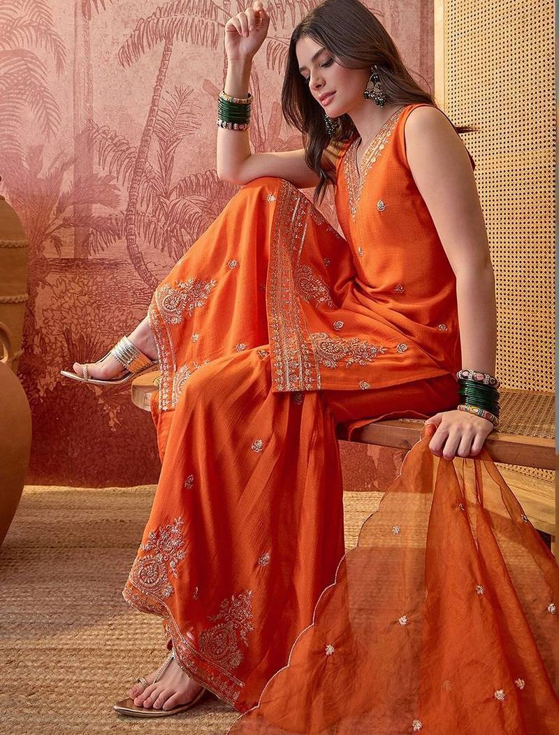 embroidered v-neck kurta & sharara kurta set