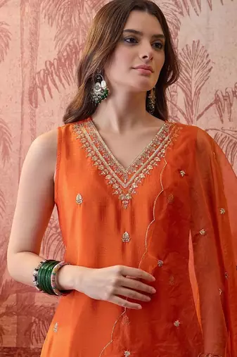 embroidered v-neck kurta & sharara kurta set